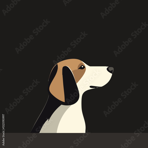 Profile view of a beagle dog illustrated with simple lines and a minimalist color palette against a dark background