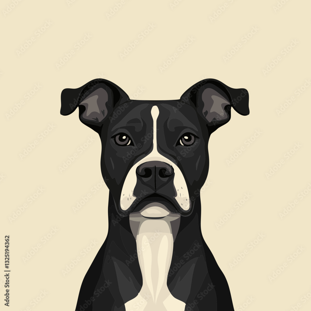 Stylized vector illustration of a black and white dog with a solemn expression on a neutral background Stylized vector illustration of a black and white dog with a solemn expression on a neutral background
