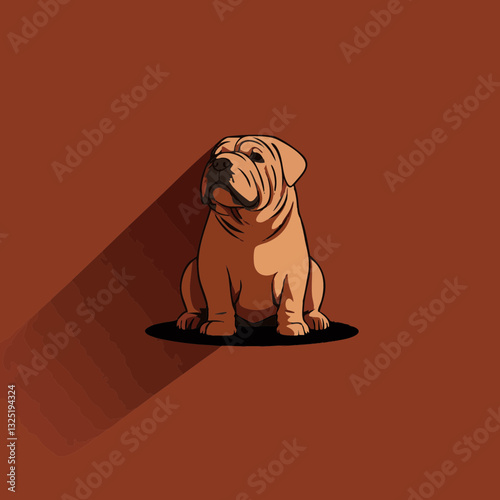 Illustration of a seated Shar Pei dog with a warm brown background, showcasing its distinctive wrinkles and calm demeanor