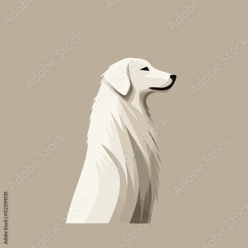 Eleganter weißer Hund im Profil auf beigem Hintergrund, minimalistischer Vektor-Stil