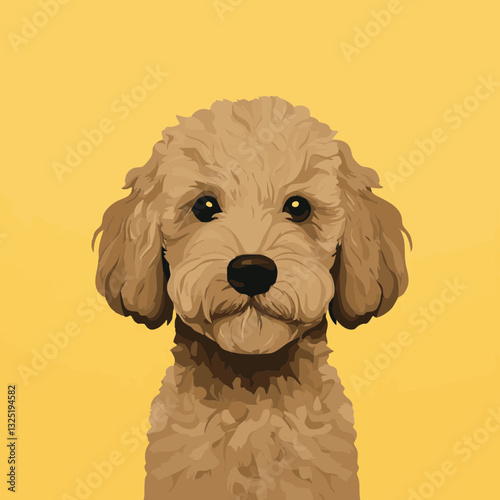 Niedlicher Hund mit lockigem Fell auf gelbem Hintergrund, illustrativ und freundlich