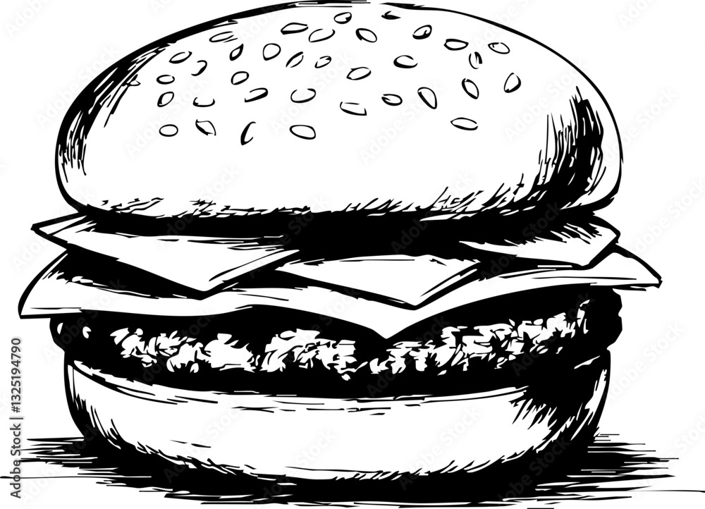Ein handgezeichneter Hamburger in Schwarz-Weiß mit Sesambrötchen, Käse und einem saftigen Patty