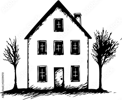 Schlichte skizzierte Hausillustration mit Bäumen im monochromen Stil