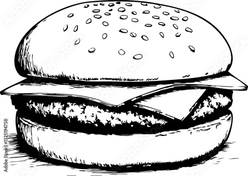 Schwarz-weiß skizzierter Hamburger mit Sesambrötchen und Käse