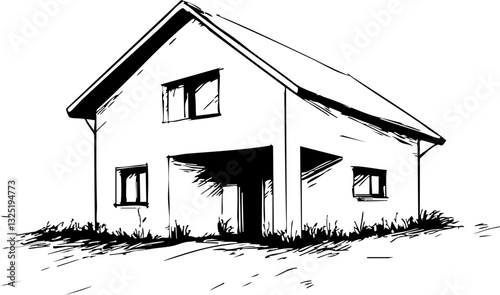 Skizze eines modernen Hauses in einfacher Linienführung, schwarze Umrisszeichnung auf weißem Hintergrund