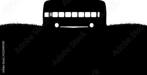 Silhouette eines Busses, der sich über den Hügel erhebt, vor einem weißen Hintergrund