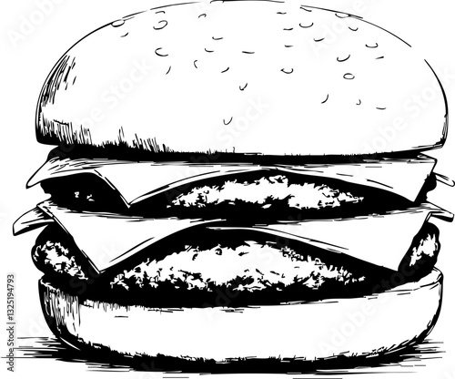 Skizze eines Hamburger mit Käse und Sesambrötchen in Schwarz-Weiß