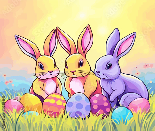 illustration of rabbits and eggs colorful flowers psakah day