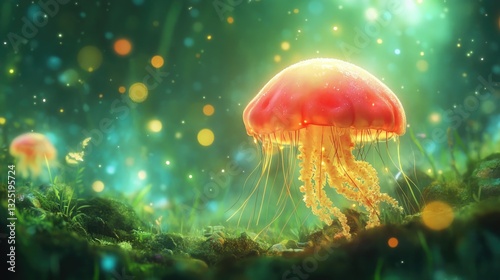 Wallpaper Mural A luminescent jellyfish floats in a vibrant magical forest scene Torontodigital.ca