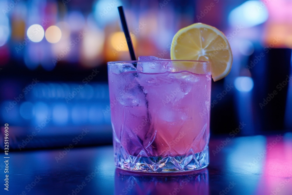 Pink Cocktail with Lemon Slice and Black Straw on Bar Table under Blue Lights - Refreshing Drink Pink Cocktail with Lemon Slice and Black Straw on Bar Table under Blue Lights - Refreshing Drink