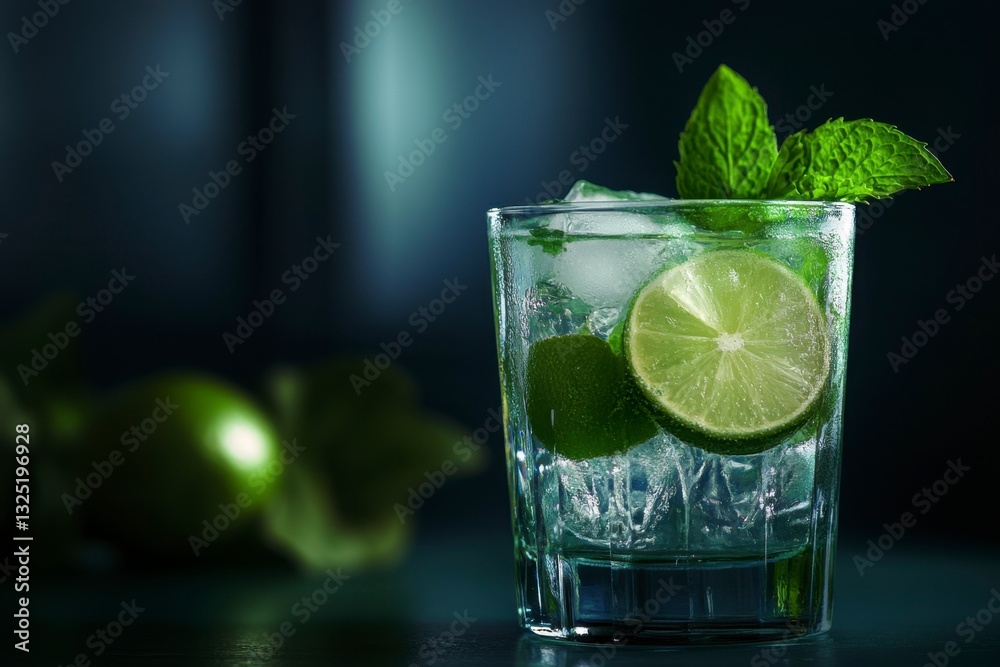 Refreshing Mojito Cocktail with Lime, Mint, and Ice Cubes in a Glass on Dark Background Refreshing Mojito Cocktail with Lime, Mint, and Ice Cubes in a Glass on Dark Background