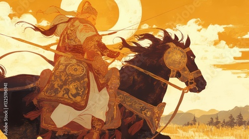 A warrior on horseback charges forward with weapon raised ready
