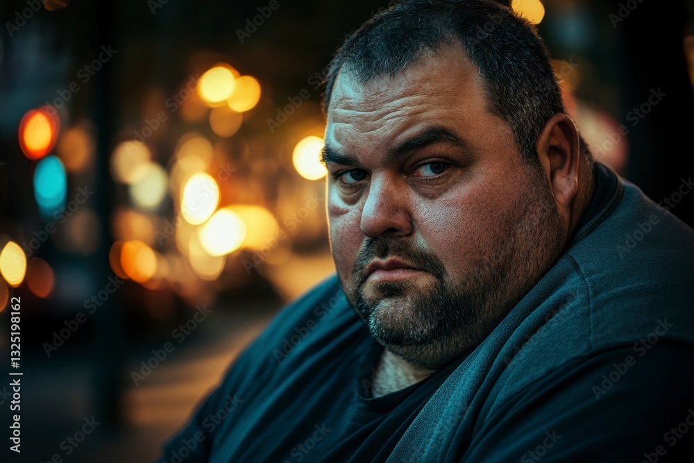 Serious Caucasian man looks at the viewer with the background of streetlights, dark blue sweater, serious expression Serious Caucasian man looks at the viewer with the background of streetlights, dark blue sweater, serious expression