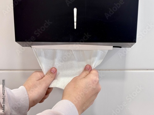 Hands pulling paper towels from dispenser in public restroom