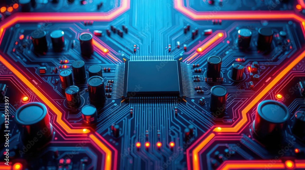 Fototapeta premium Close-up of Circuit Board with Bright Lights and Technology Elements