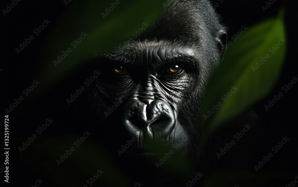 Close-up portrait of a gorilla in a dark, lush forest setting. The gorilla's intense gaze is highlighted by the low-light conditions, creating a dramatic and mysterious atmosphere Close-up portrait of a gorilla in a dark, lush forest setting. The gorilla's intense gaze is highlighted by the low-light conditions, creating a dramatic and mysterious atmosphere