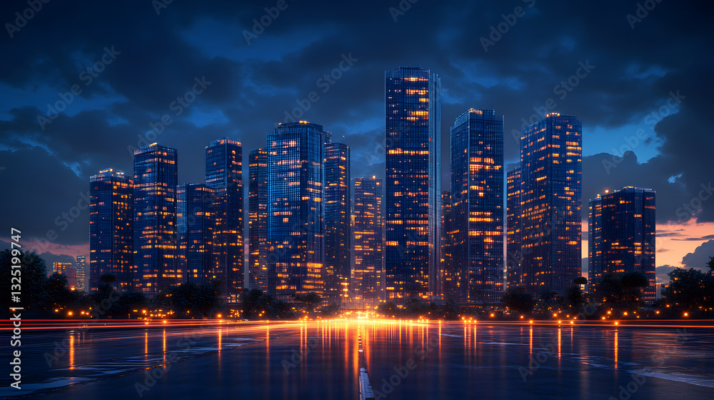 Fototapeta premium Vibrant city skyline at dusk, reflecting lights on water, with dramatic clouds in the background