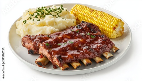 Delicious Barbecue Ribs Served with Creamy Mashed Potatoes and Sweet Corn on the Cob on a Rustic Plate, Perfect for a Summer Feast or Family Gathering.