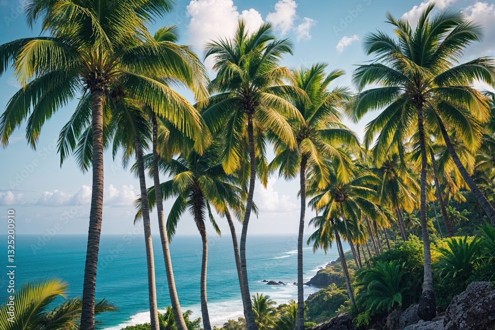 Lush Palm Trees and Tranquil Ocean Views on a Tropical Coastline Lush Palm Trees and Tranquil Ocean Views on a Tropical Coastline