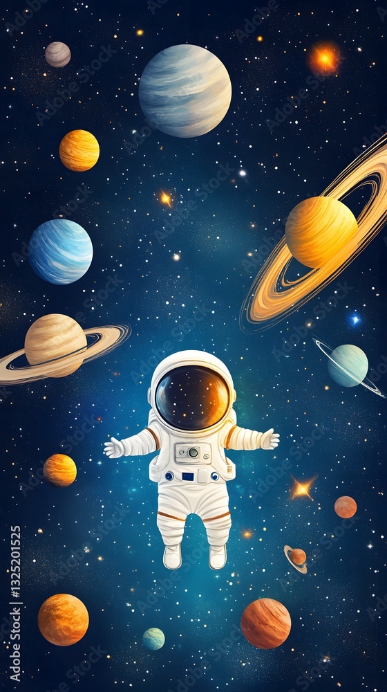 Naklejka premium A child in an astronaut suit floating in space, surrounded by planets, stars, and distant galaxies