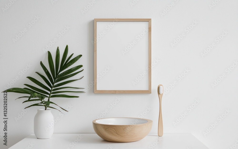 Fototapeta premium Wooden bowl and toothbrush on white table, palm leaf in vase, blank frame on textured wall. Minimalist, clean aesthetic