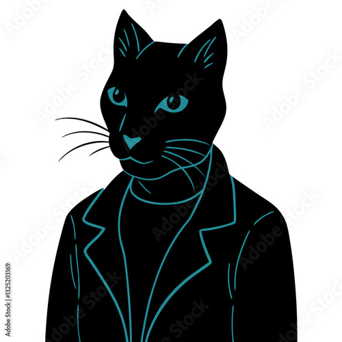 a stylish black cat wearing a leather jacket, with a touch of mystery and personality, vector illustration