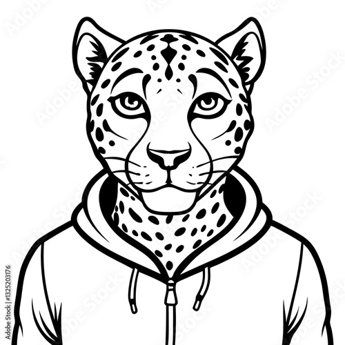 a portrait of a jaguar wearing a hoodie, blending animal and human features, a unique character design in black and white, vector illustration