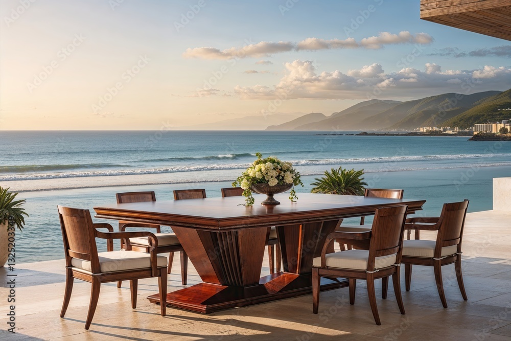 Luxurious Mahogany Dining Table with Stunning Beach View for Outdoor Relaxation and Entertaining Luxurious Mahogany Dining Table with Stunning Beach View for Outdoor Relaxation and Entertaining