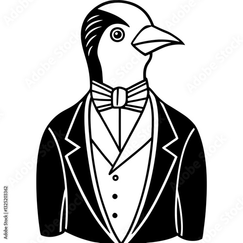 a penguin wearing a tuxedo, looking elegant and distinguished. The black and white illustration evokes sophistication and class.