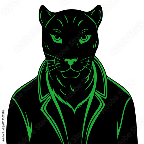a stylized illustration of a green panther in a business suit, exuding a sense of sophistication and confidence. The panther's intense eyes draw the viewer in