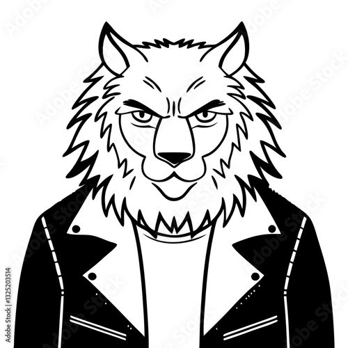 a fierce illustration of a wolf wearing a black leather jacket