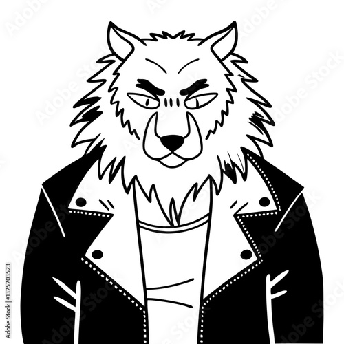 a fierce wolf wearing a stylish leather jacket, a fusion of animal and human attributes with an intense expression