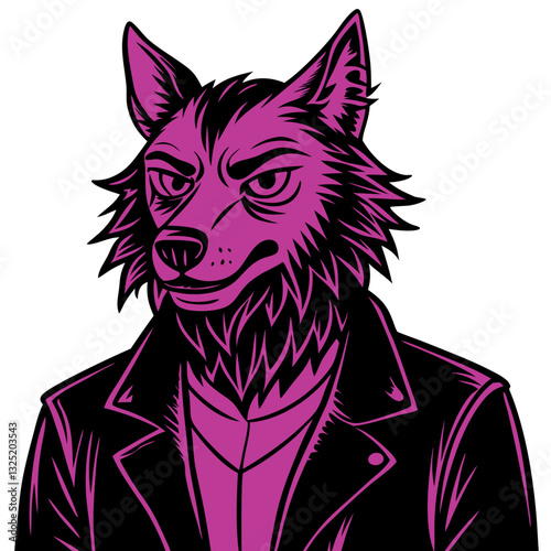 a portrait of a pink wolf wearing a leather jacket. The wolf has a stern expression and a human-like stance