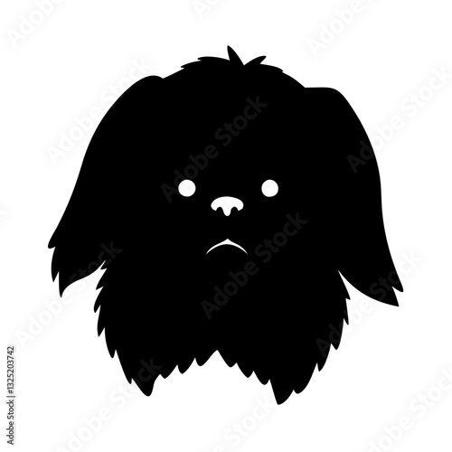 a silhouette of a fluffy, sad-looking dog. The dog has long, floppy ears and a melancholic expression, vector illustration