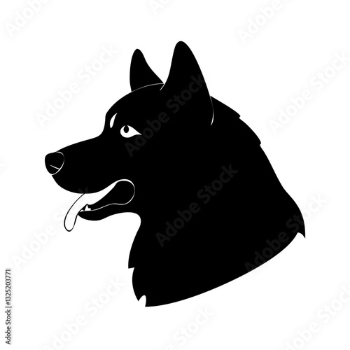 a black dog head silhouette, side profile, with open mouth and tongue sticking out. The dog is set against a neutral backdrop