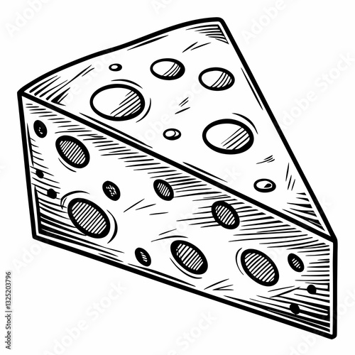 a wedge of Swiss cheese with holes, illustrated in black and white