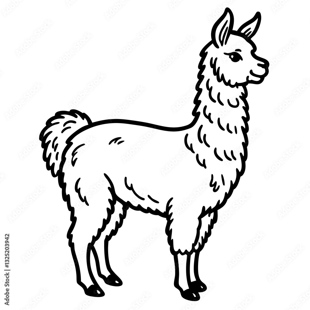 a black and white illustration of a llama, depicted standing and facing right a black and white illustration of a llama, depicted standing and facing right