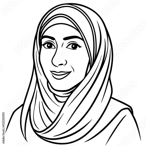 a portrait of a smiling woman wearing a hijab, captured in a detailed line art style. The artwork focuses on her face, showcasing her gentle expression and traditional head covering