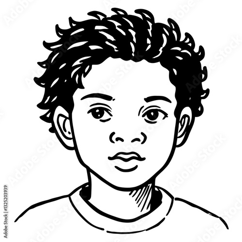 a black and white portrait of a young boy with a serious expression, face facing forward