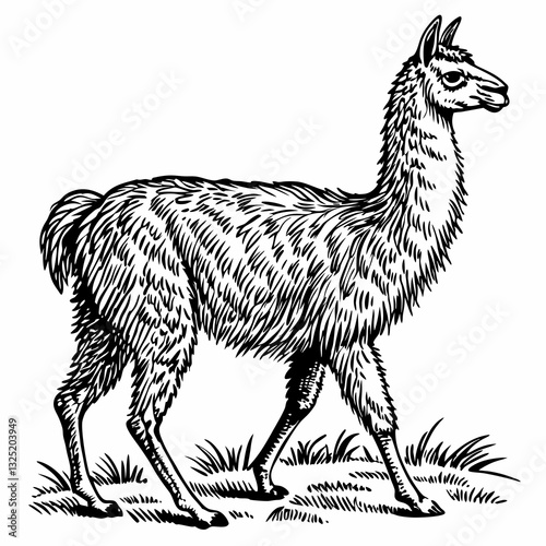 a hand-drawn illustration of a llama walking across a grassy area. This illustration shows intricate details and shading