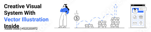 Woman contemplating revenue growth, money stacks showcasing financial progress, and interactive app interface for professional, educational, or marketing purposes. Ideal for analytics, finance