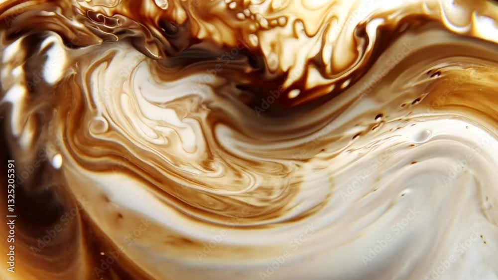 Abstract swirling pattern created by mixing dark brown and creamy white liquids