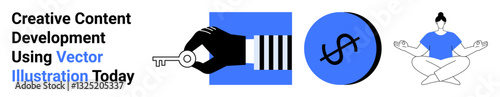 Hand holding a key, dollar sign inside a circle, and a person meditating. Ideal for creativity, finance, success, mindfulness, branding self-improvement modern design. Flat landing page banner