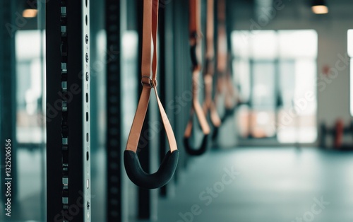 Close-up view of several black and orange suspension training straps hanging in a modern gym setting. The background is blurred, suggesting a spacious workout area