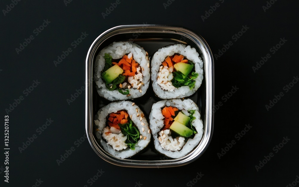 Four vegetarian sushi rolls in a metal container against a black background. Top view Four vegetarian sushi rolls in a metal container against a black background. Top view