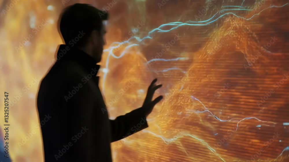 Innovative scientist exploring dynamic 3d data visualization on a large interactive screen, manipulating abstract colorful patterns with hand gestures in a dark technological environment