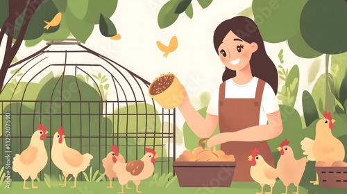 Professional Woman Feeding Chickens in Aviary - Illustration for Agriculture Blogs and Poultry Websites