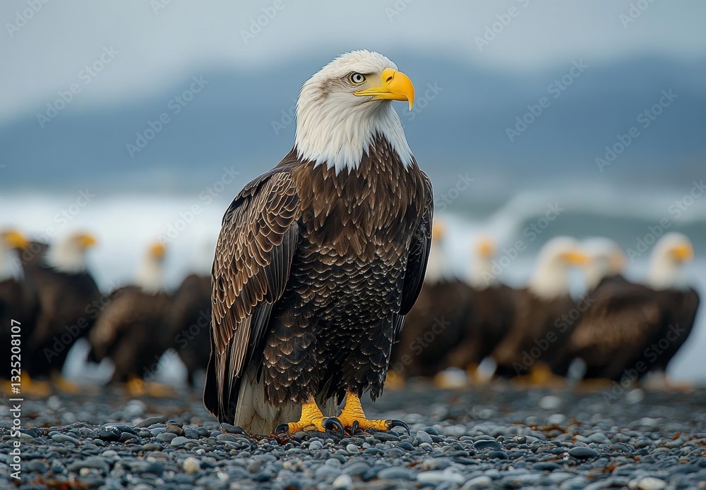 Majestic Bald Eagle Standing on Rocky Shoreline with Group of Eagles in Background Surrounded by Soft Ocean Waves and Misty Horizon Majestic Bald Eagle Standing on Rocky Shoreline with Group of Eagles in Background Surrounded by Soft Ocean Waves and Misty Horizon