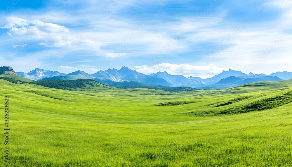 Lush green valley stretching to distant mountains under a vibrant blue sky Lush green valley stretching to distant mountains under a vibrant blue sky
