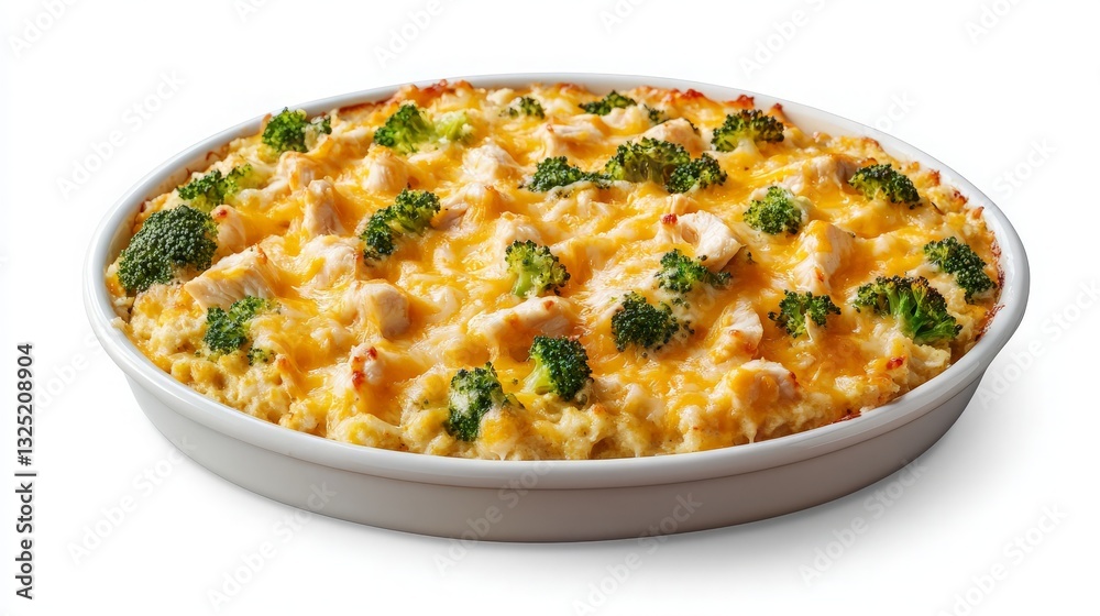 Delicious Cheesy Broccoli and Chicken Casserole in a Round White Dish Against a Plain White Background, Perfect for Culinary Blogs and Recipe Websites Delicious Cheesy Broccoli and Chicken Casserole in a Round White Dish Against a Plain White Background, Perfect for Culinary Blogs and Recipe Websites